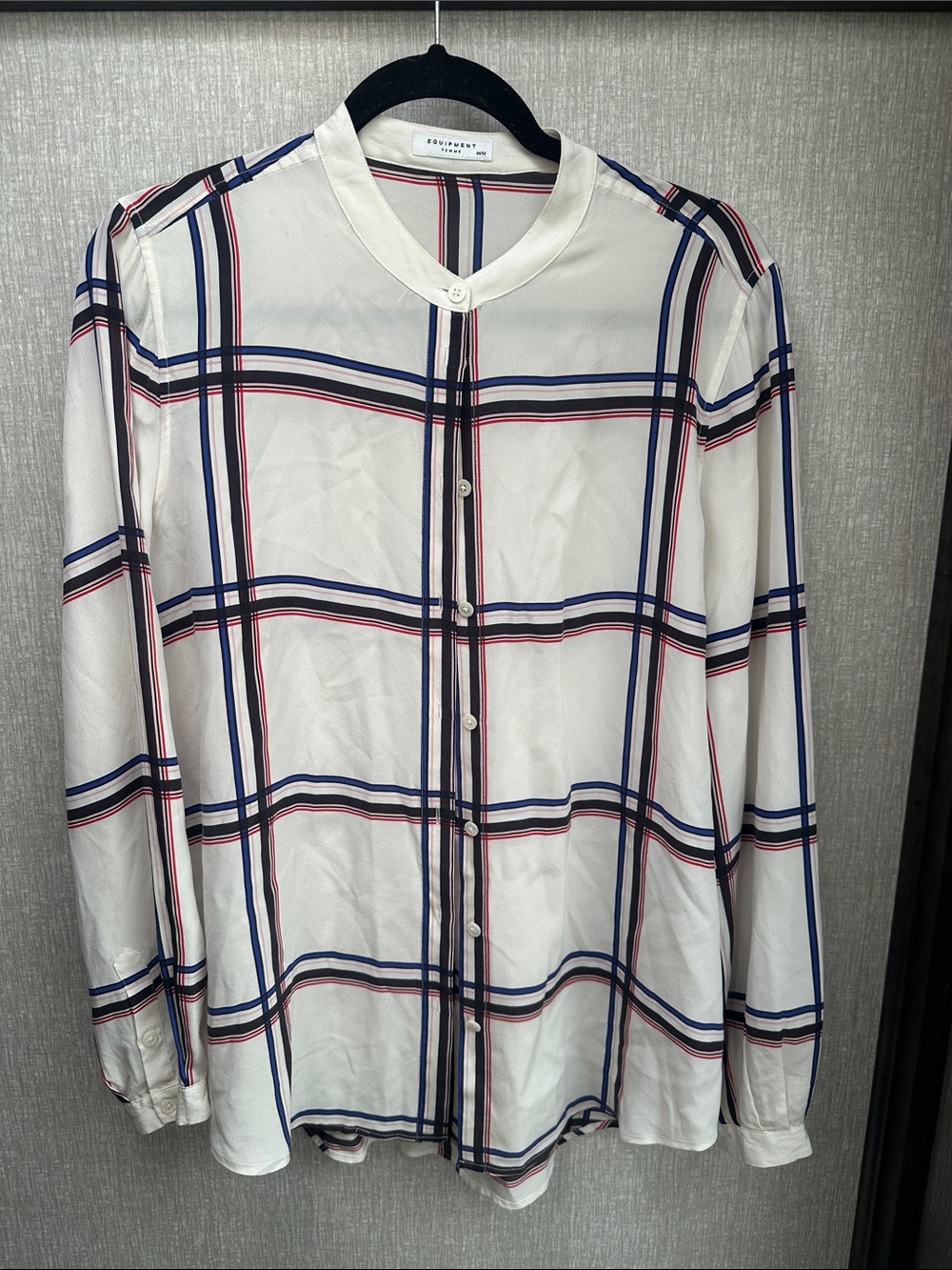 Equipment White Plaid Button-Down Shirt with Navy and Red Stripes 100% silk